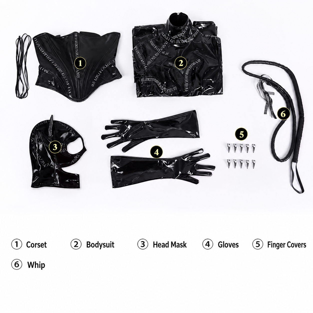 Black latex adult costume set laid out on a white background, including a corset, bodysuit, head mask, gloves, finger covers, whip, and small metal pins, with numbered labels and a matching key at the bottom.