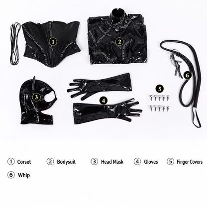 Black latex adult costume set laid out on a white background, including a corset, bodysuit, head mask, gloves, finger covers, whip, and small metal pins, with numbered labels and a matching key at the bottom.