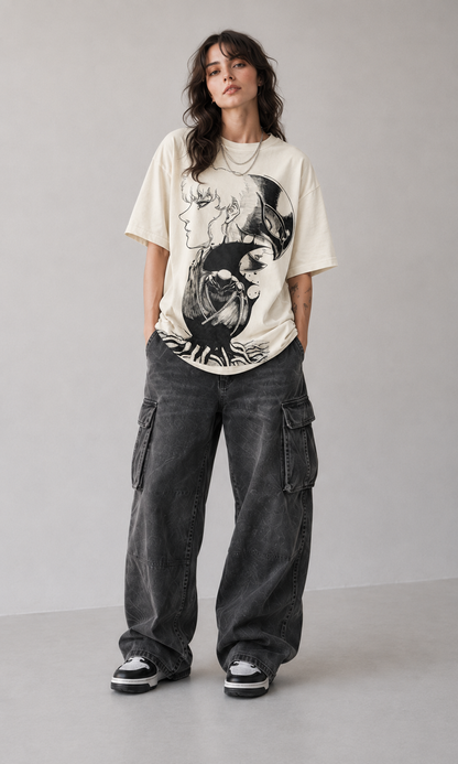 Female model wearing Berserk Guts & Griffith Split Portrait Oversized T-Shirt
