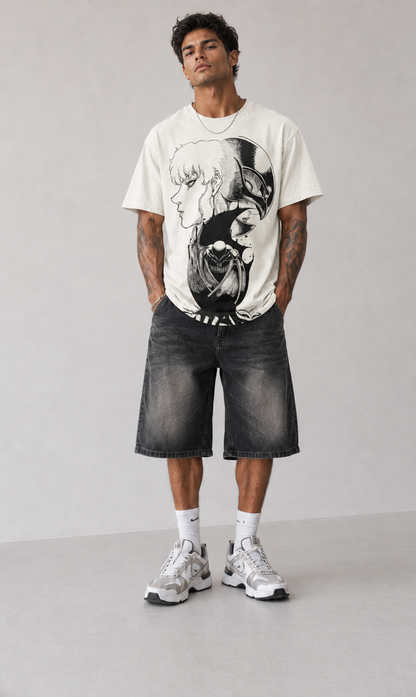 Male model wearing Berserk Guts & Griffith Split Portrait Oversized T-Shirt