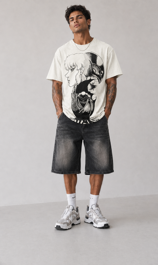 Male model wearing Berserk Guts & Griffith Split Portrait Oversized T-Shirt