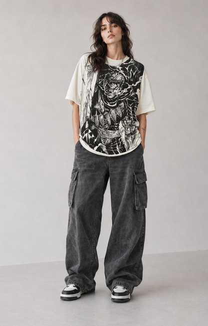 Female model wearing Berserk Guts Berserker Armor oversized T-shirt