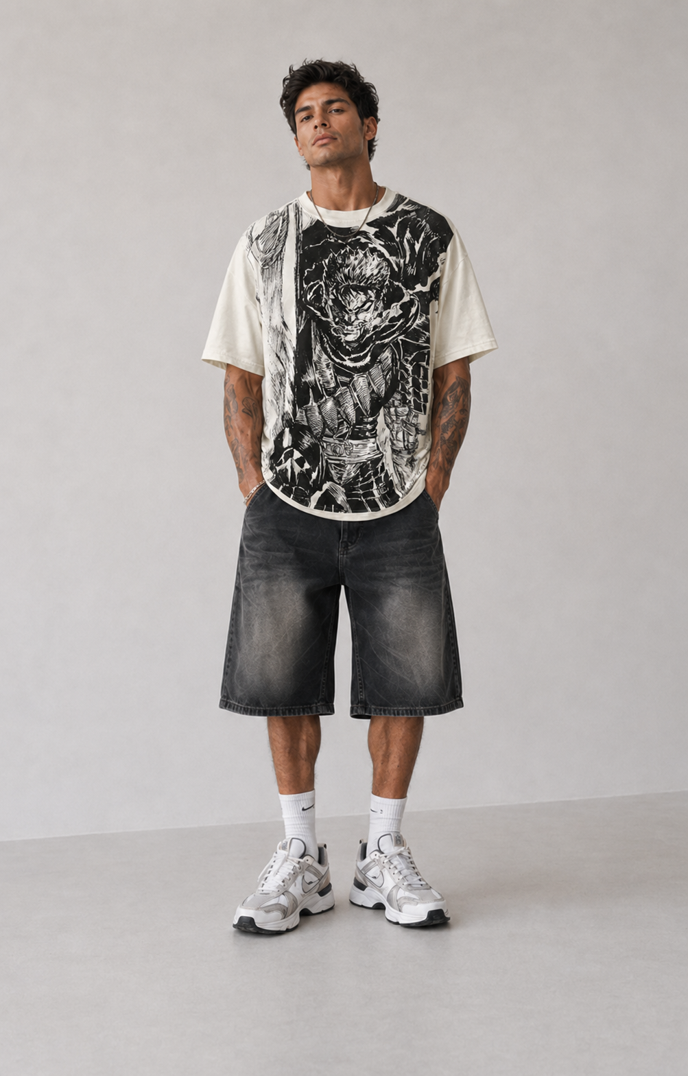 Male model wearing Berserk Guts Berserker Armor oversized T-shirt