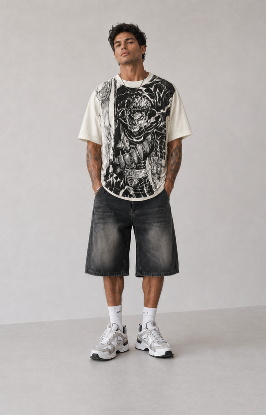 Male model wearing Berserk Guts Berserker Armor oversized T-shirt