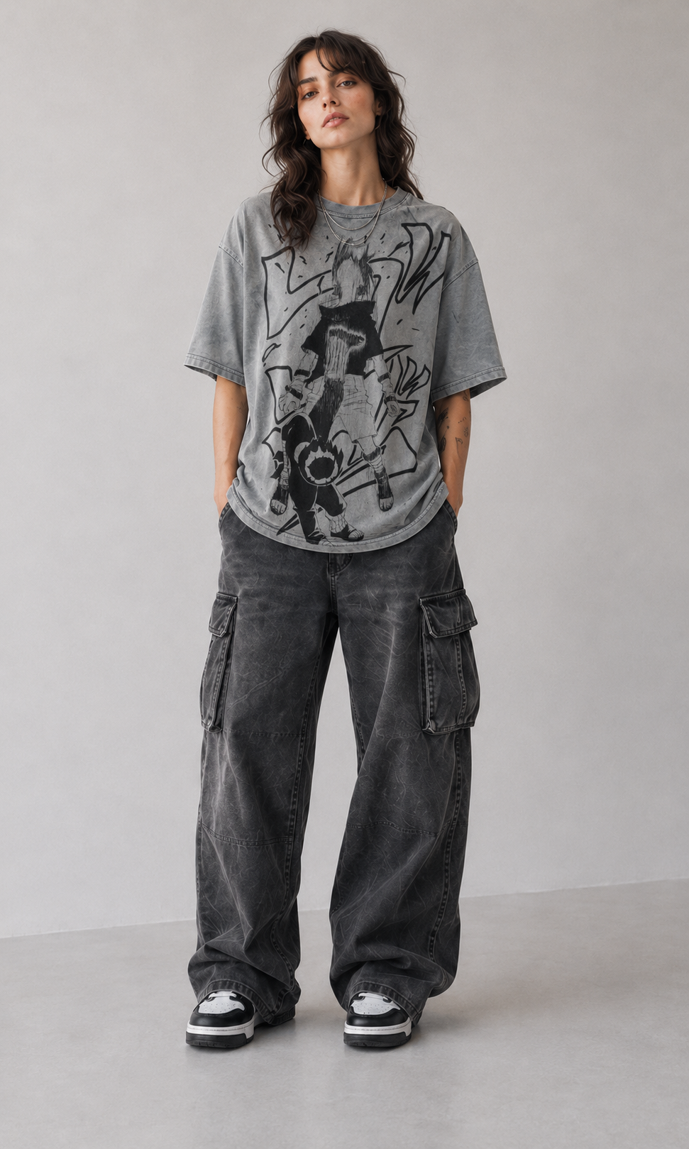 Female model wearing Rock Lee Naruto Manga Vintage Oversized T-Shirt