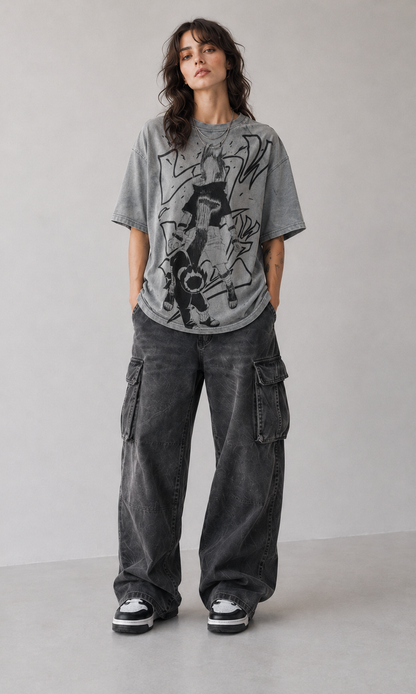 Female model wearing Rock Lee Naruto Manga Vintage Oversized T-Shirt