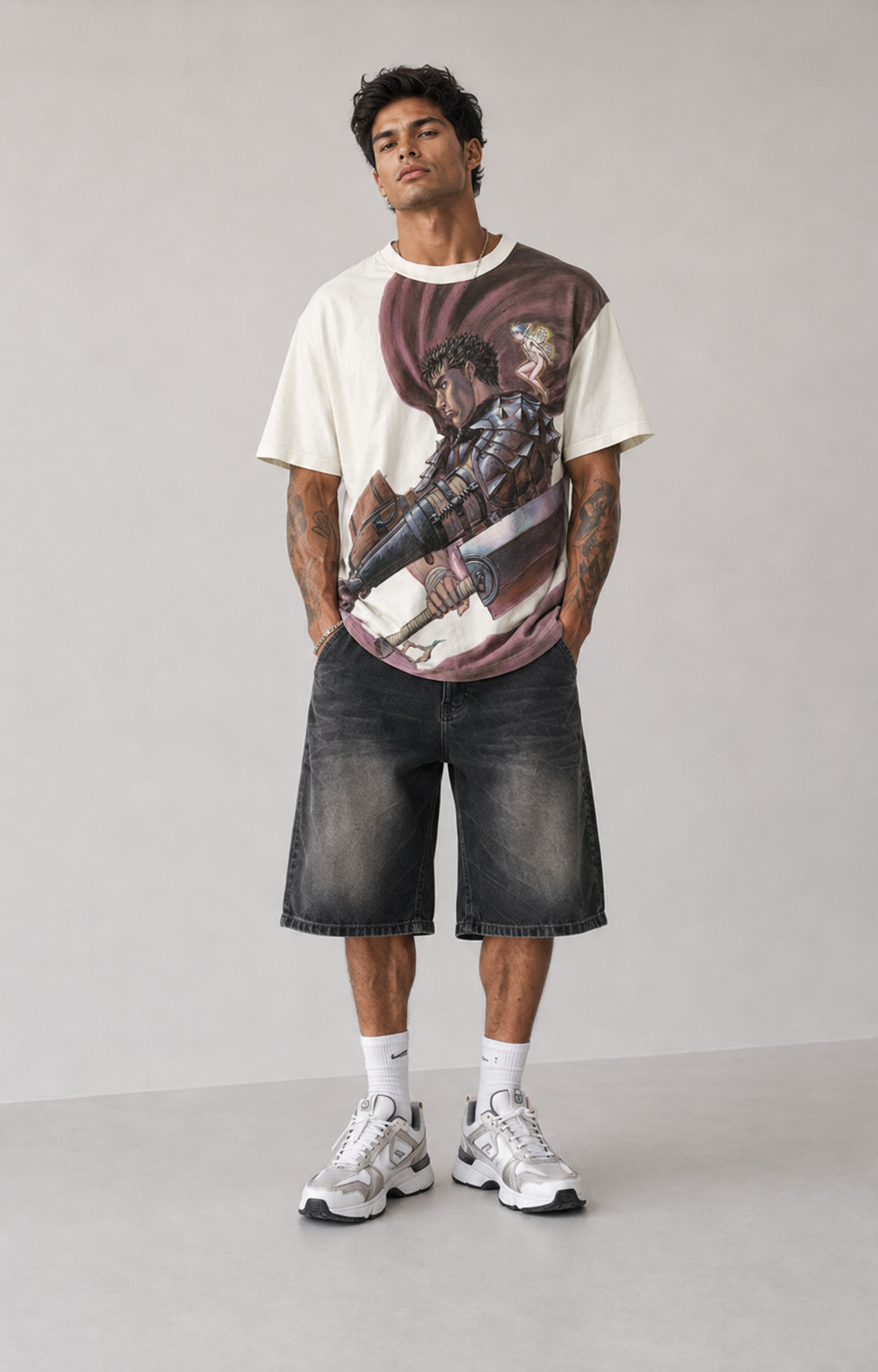 Male model wearing Berserk Guts Neon Swordsman Oversized T-Shirt