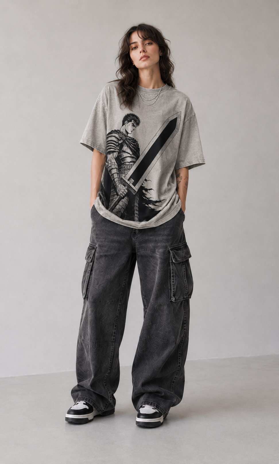Female model wearing Berserk Guts Armored Warrior Oversized T-Shirt