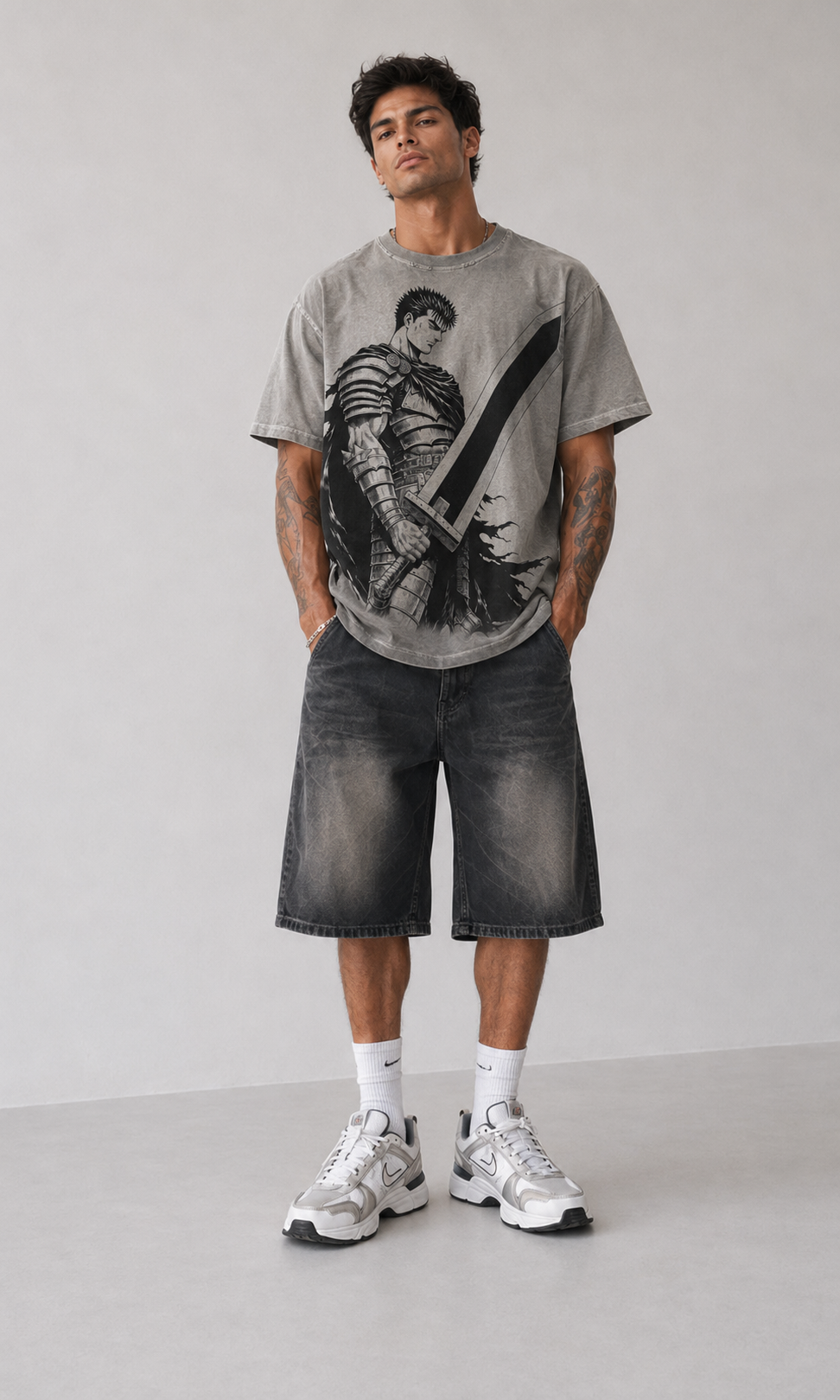 Male model wearing Berserk Guts Armored Warrior Oversized T-Shirt