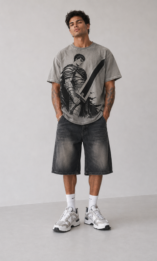 Male model wearing Berserk Guts Armored Warrior Oversized T-Shirt