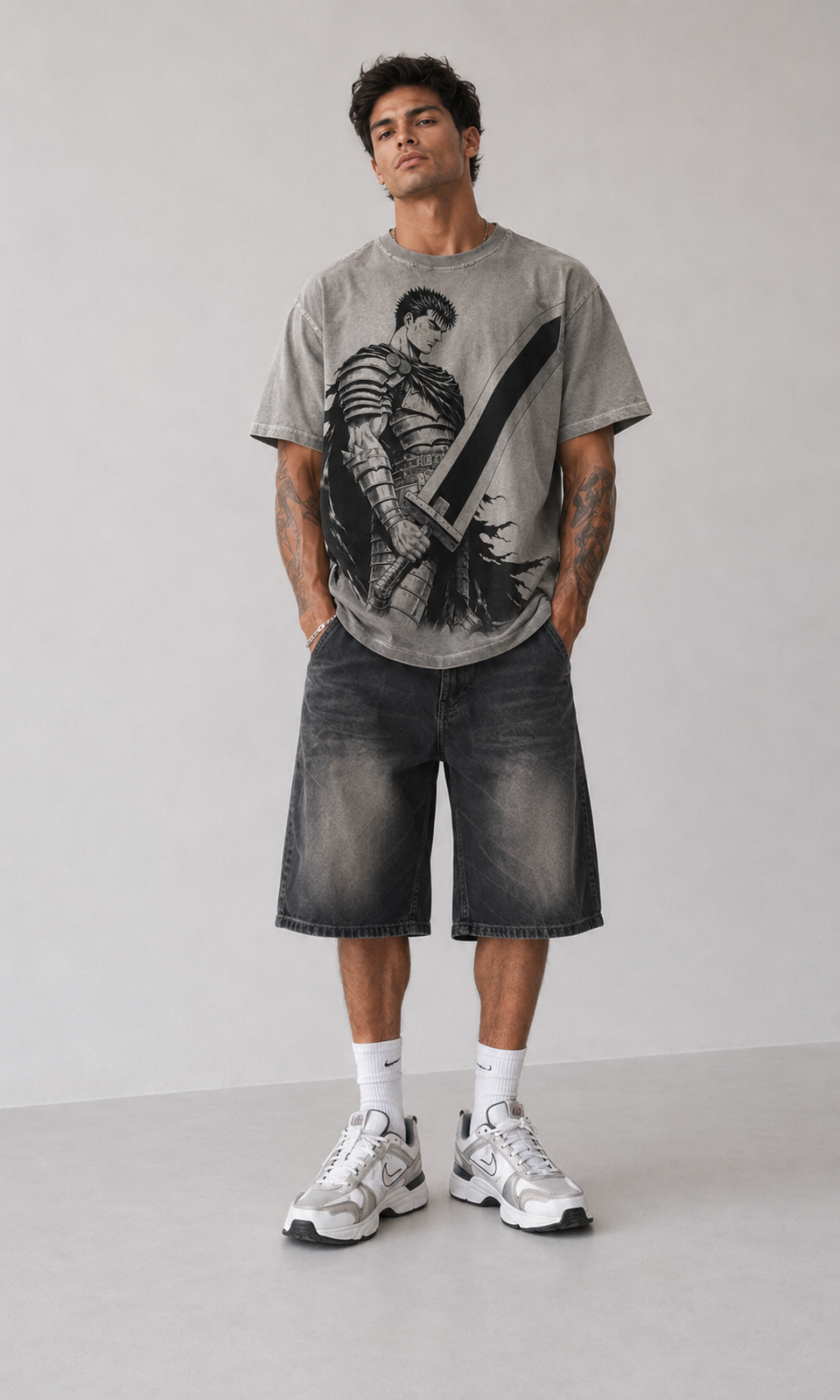 Male model wearing Berserk Guts Armored Warrior Oversized T-Shirt