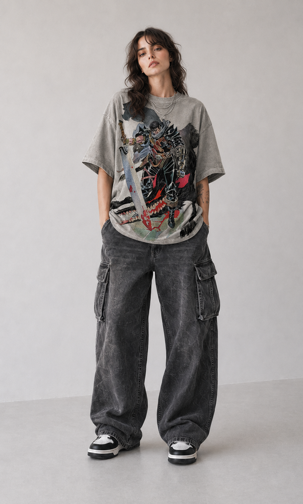 Female model wearing Berserk Guts Dark Fantasy Oversized T-Shirt