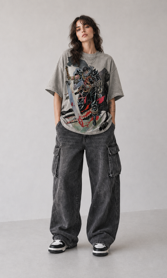 Female model wearing Berserk Guts Dark Fantasy Oversized T-Shirt