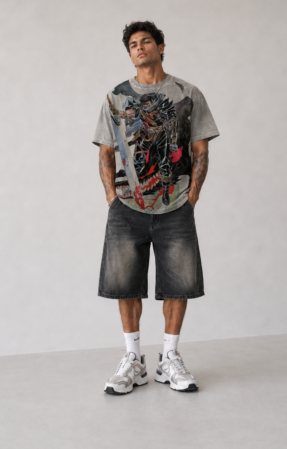 Male model wearing Berserk Guts Dark Fantasy Oversized T-Shirt