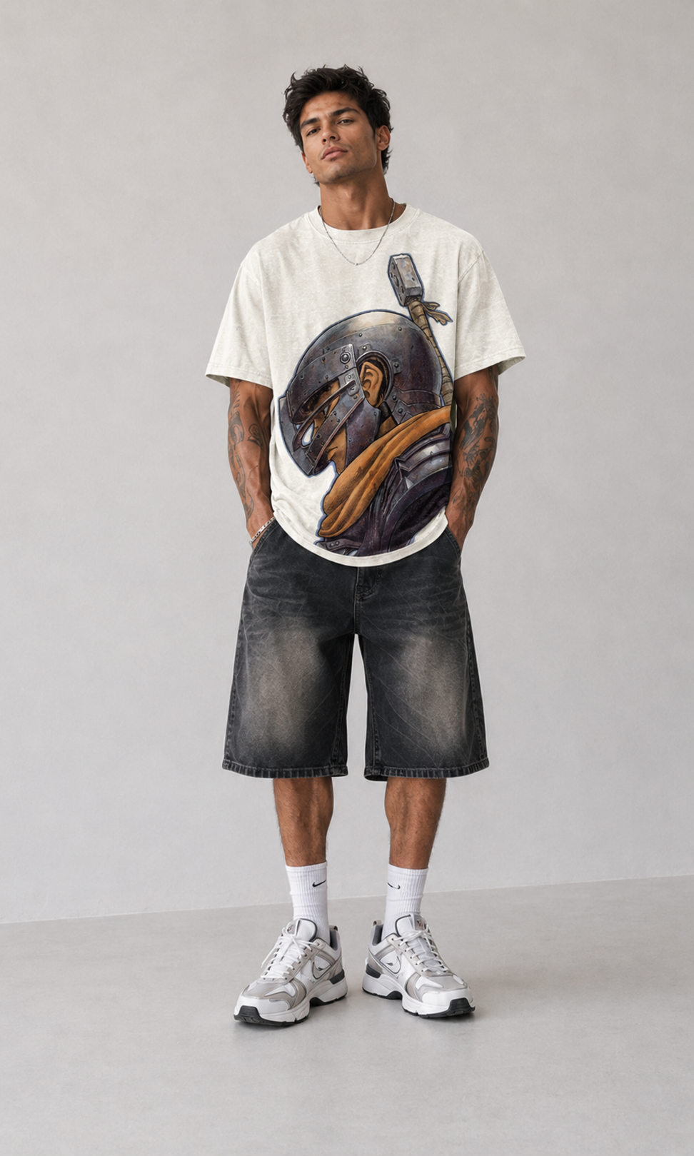 Male model wearing Armored Anime Warrior Portrait Oversized T-Shirt