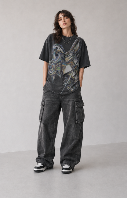 Female model wearing Cyber Armored Knight Oversized Graphic T-Shirt