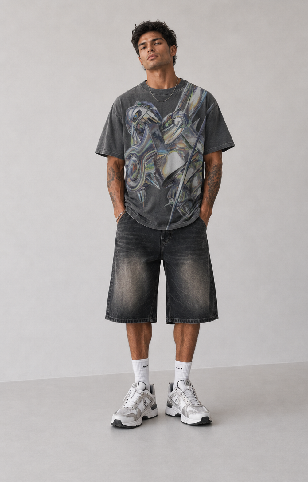 Male model wearing Cyber Armored Knight Oversized Graphic T-Shirt