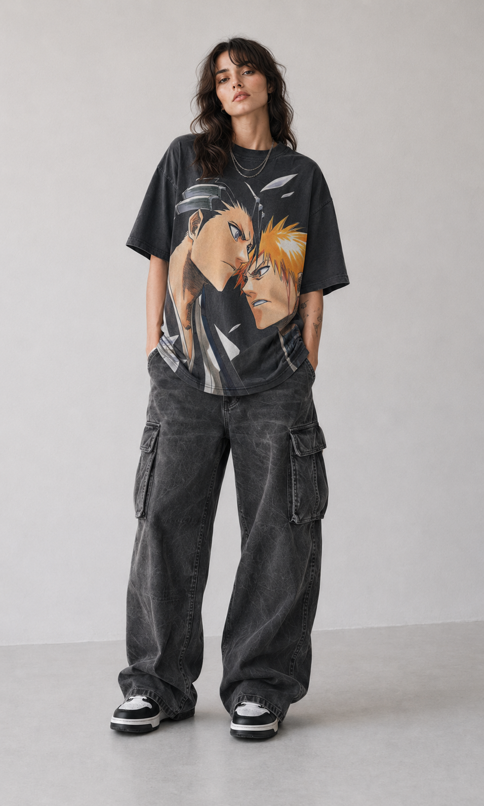 Female model wearing Bleach Ichigo Rivals Oversized Graphic T-Shirt