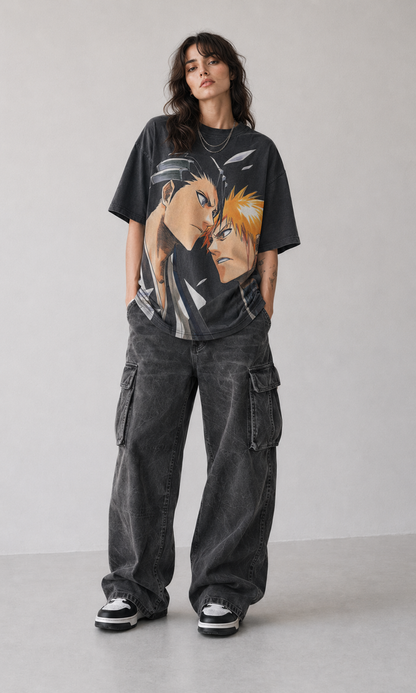 Female model wearing Bleach Ichigo Rivals Oversized Graphic T-Shirt
