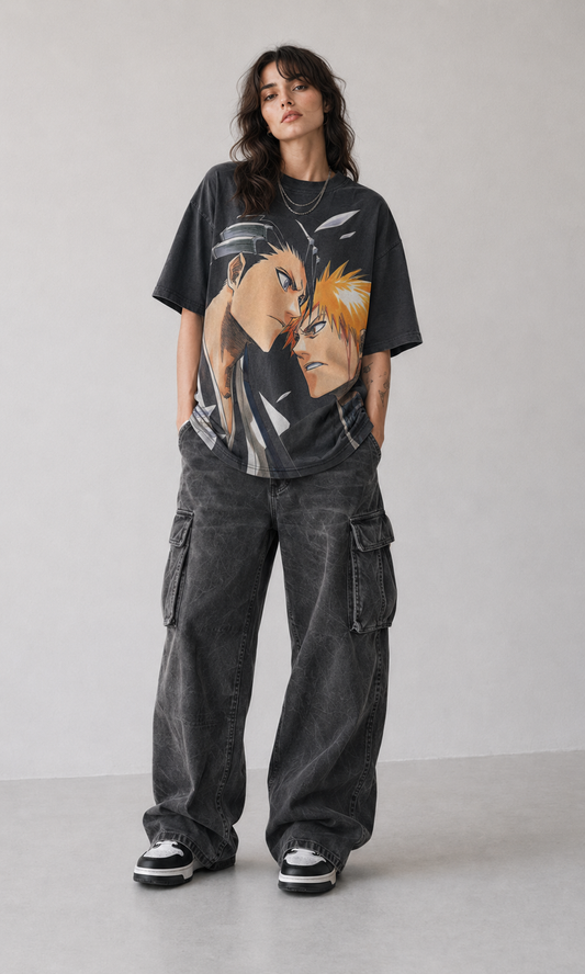 Female model wearing Bleach Ichigo Rivals Oversized Graphic T-Shirt