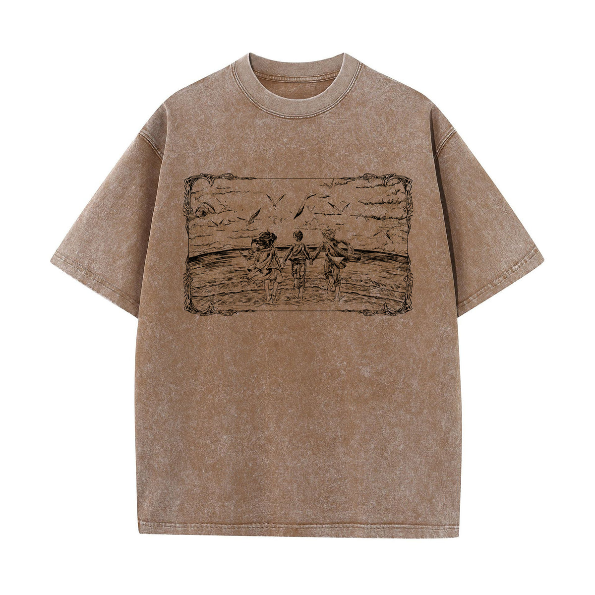 Front view of vintage brown acid wash t-shirt featuring framed graphic of Eren, Mikasa, and Armin at the ocean.