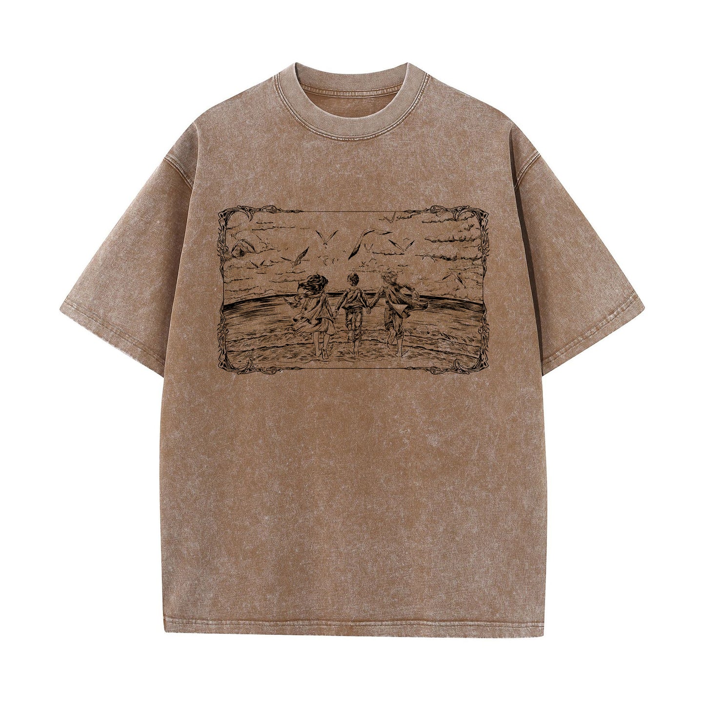 Front view of vintage brown acid wash t-shirt featuring framed graphic of Eren, Mikasa, and Armin at the ocean.