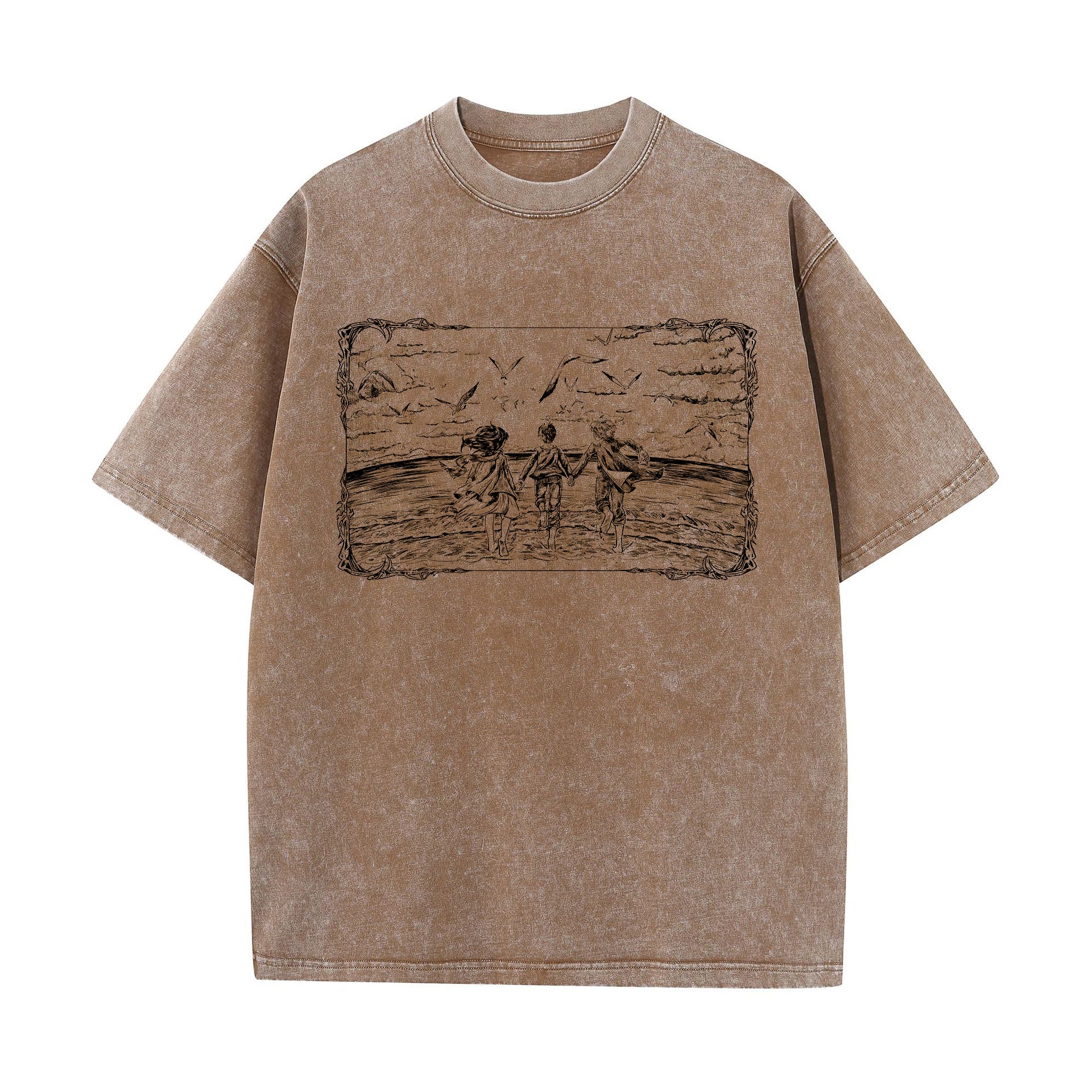 Front view of vintage brown acid wash t-shirt featuring framed graphic of Eren, Mikasa, and Armin at the ocean.