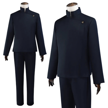 Navy blue suit on mannequins against a white background