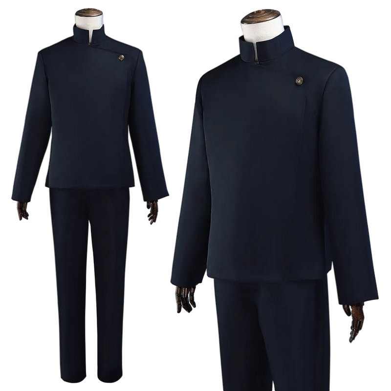 Navy blue suit on mannequins against a white background