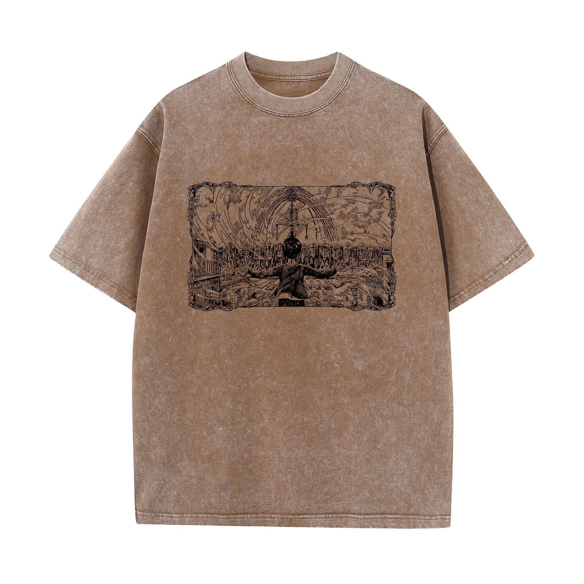 Front view of vintage brown acid wash t-shirt featuring framed graphic of Eren facing the Rumbling and Wall Titans.
