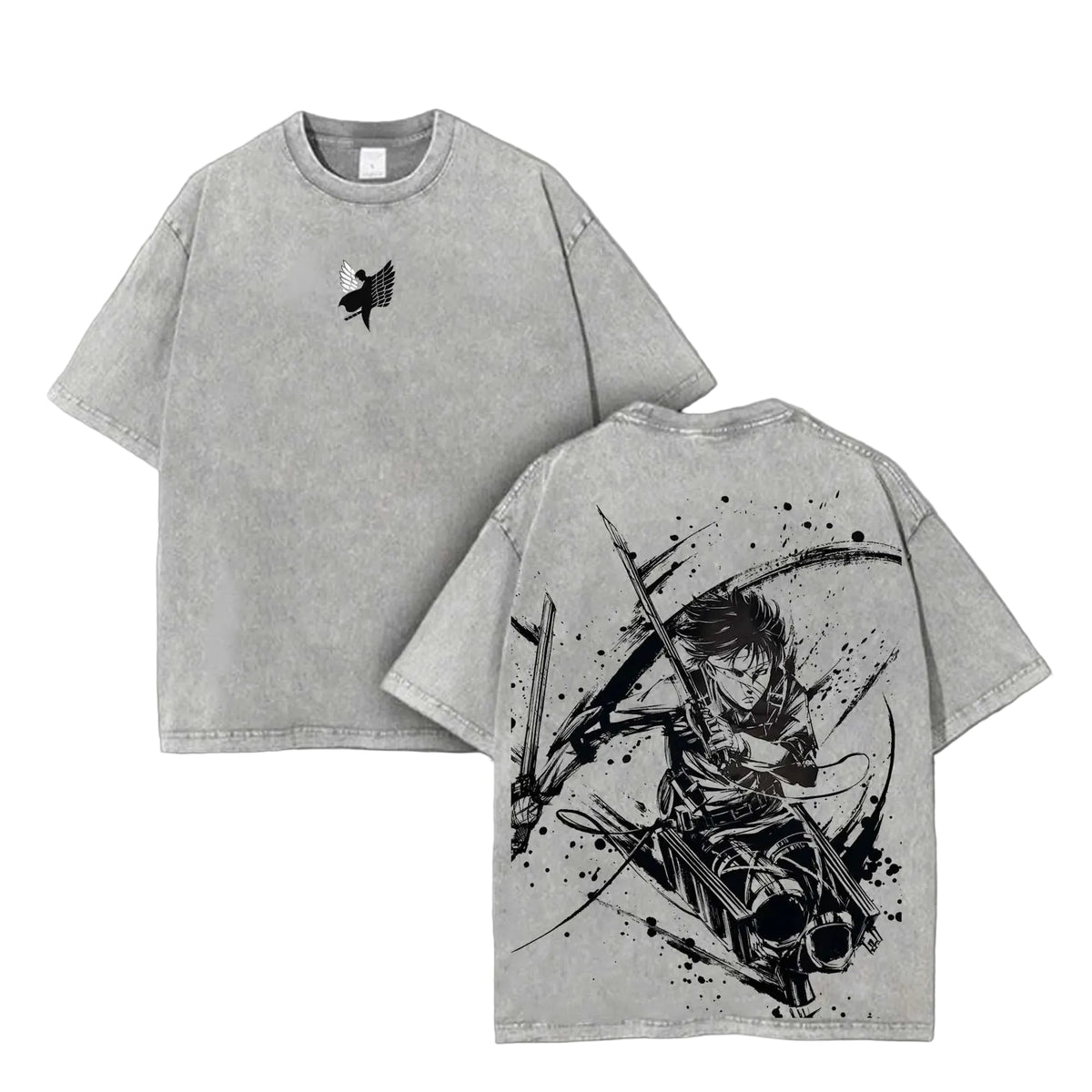 Front and back view of 240 GSM vintage grey acid wash tee. Front features minimalist Wings of Freedom silhouette logo. Back features dynamic ink splatter graphic of bandaged Levi Ackerman in ODM gear.