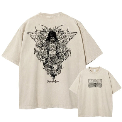Front and back view of 240 GSM vintage sand tee. Front features paths scene, back features black Titan collage.