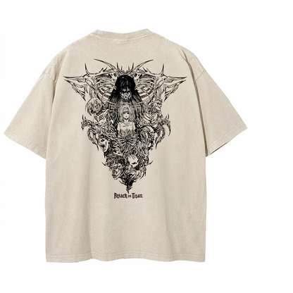 Back view of vintage sand tee featuring intricate Founding Titan and shifter collage graphic.