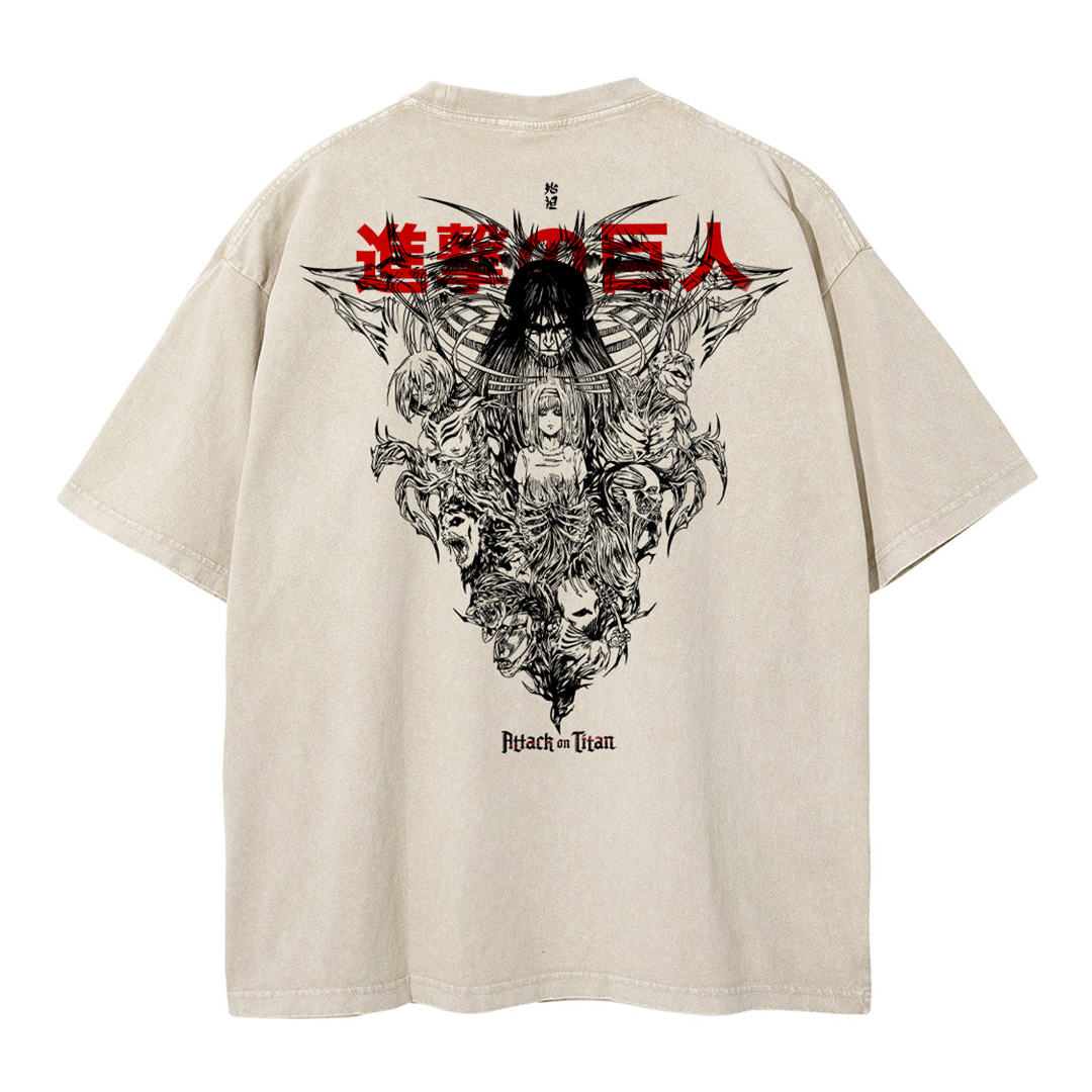 Back view of vintage sand tee featuring Founding Titan collage and red Attack on Titan kanji