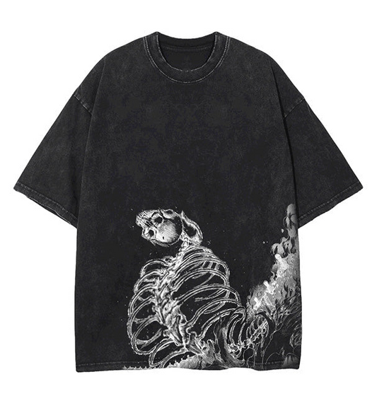 Front view of oversized 240 GSM vintage black acid wash t-shirt featuring the lower torso wrap-around graphic of the Attack on Titan Founding Titan skeleton and steam