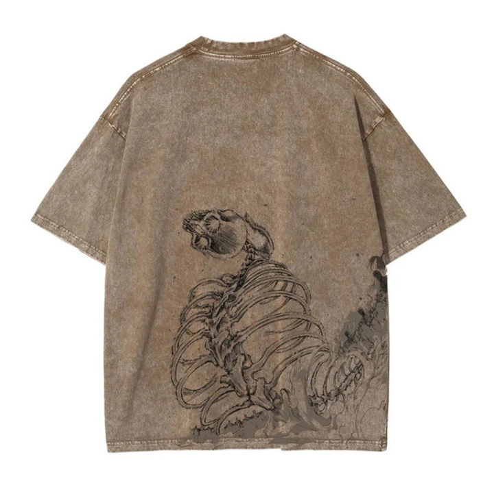 Back view of oversized 240 GSM vintage brown acid wash t-shirt featuring the wrap-around skeletal spine graphic of the Attack on Titan Founding Titan