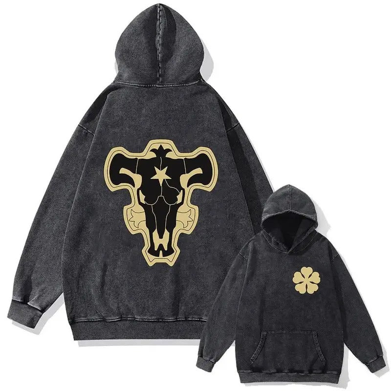 Black Clover "Black Bulls Gold" Acid Wash Hoodie (Front & Back)