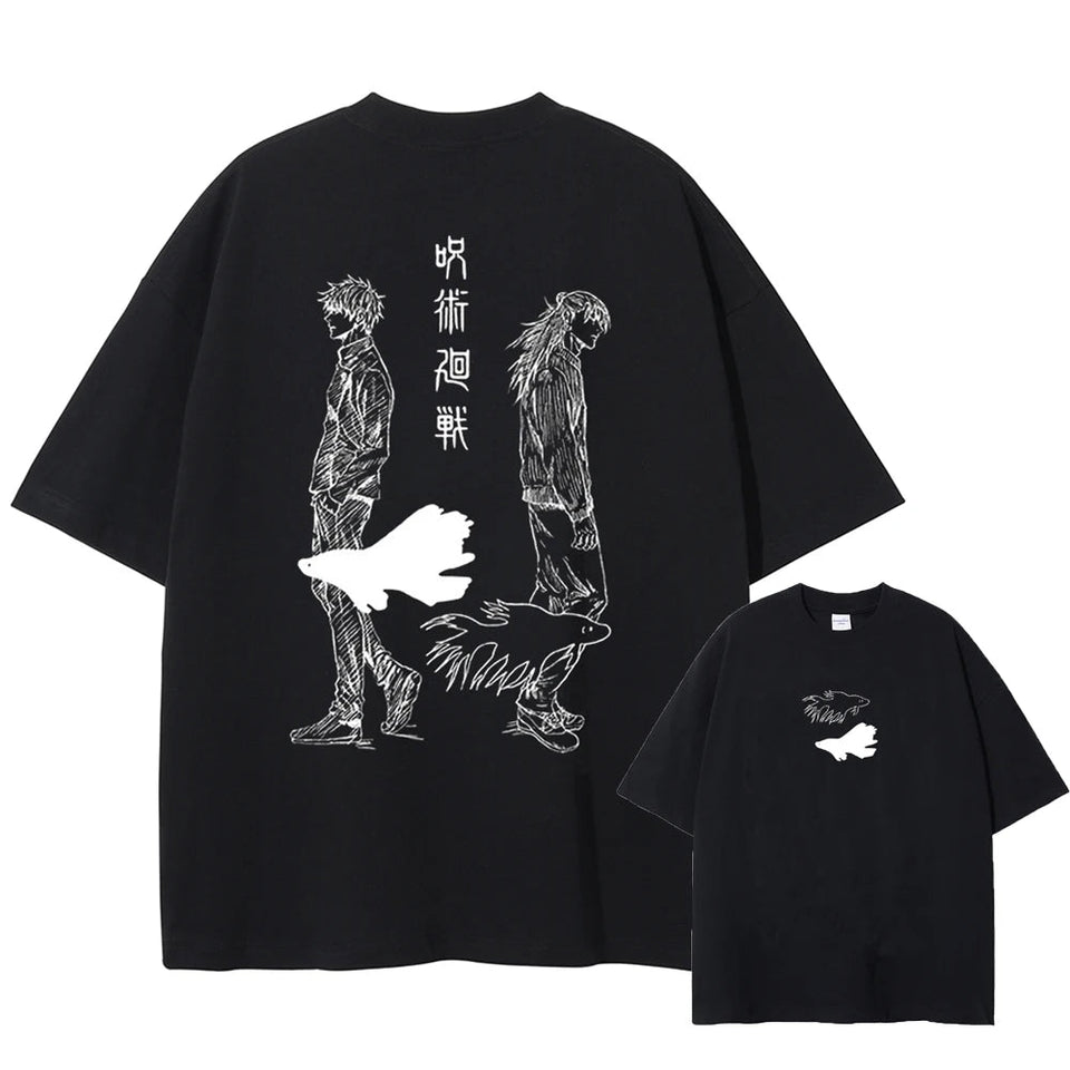 Front and back view of oversized 240 GSM standard black streetwear tee. Front features a minimalist black and white betta fish graphic. Back features a sketch-style graphic of Satoru Gojo and Suguru Geto walking apart with Japanese kanji.