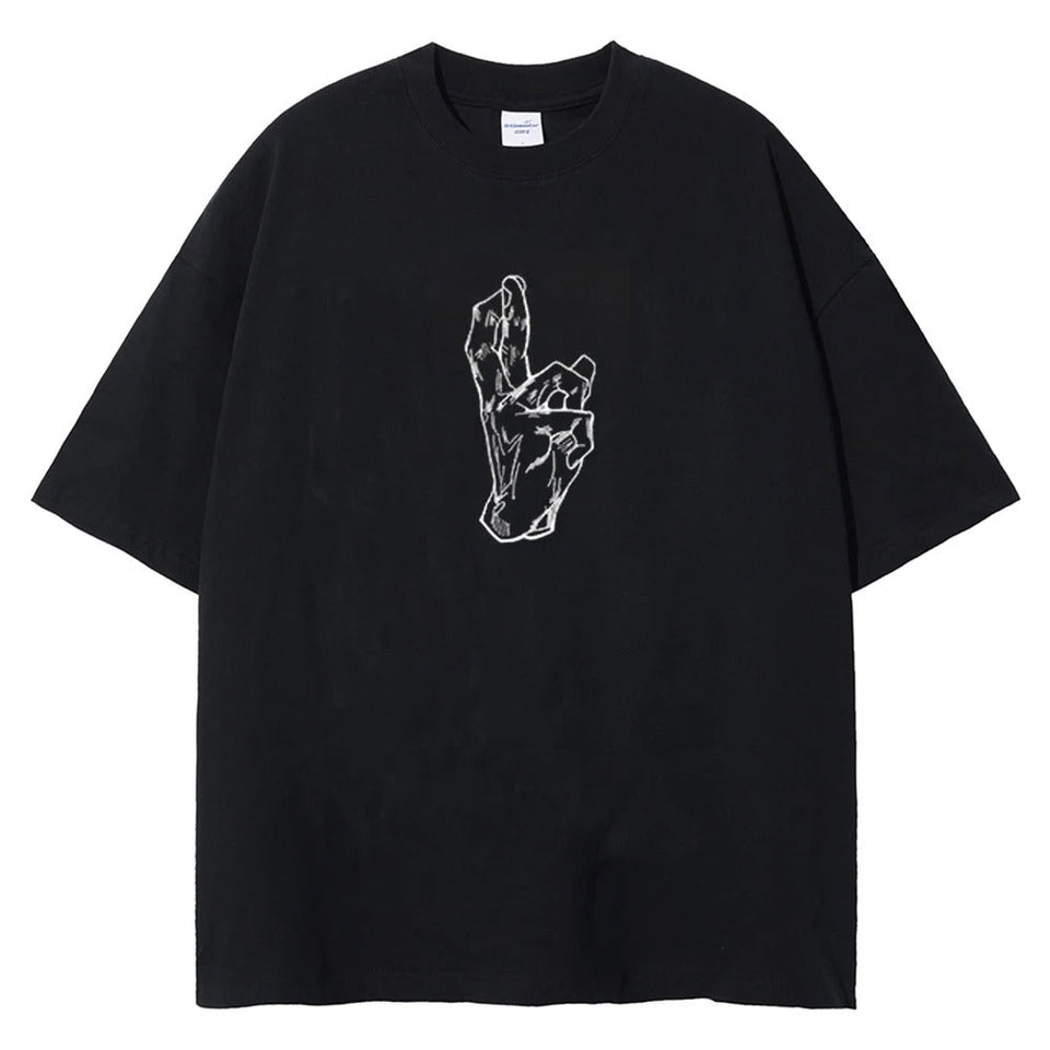 Front view of oversized 240 GSM standard black streetwear tee featuring a minimalist white graphic of Satoru Gojo's Infinite Void Domain Expansion hand sign