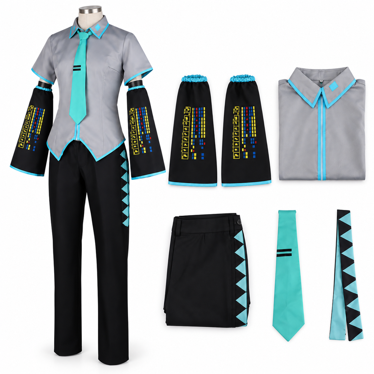 Hatsune Miku male-style cosplay costume and individual set pieces