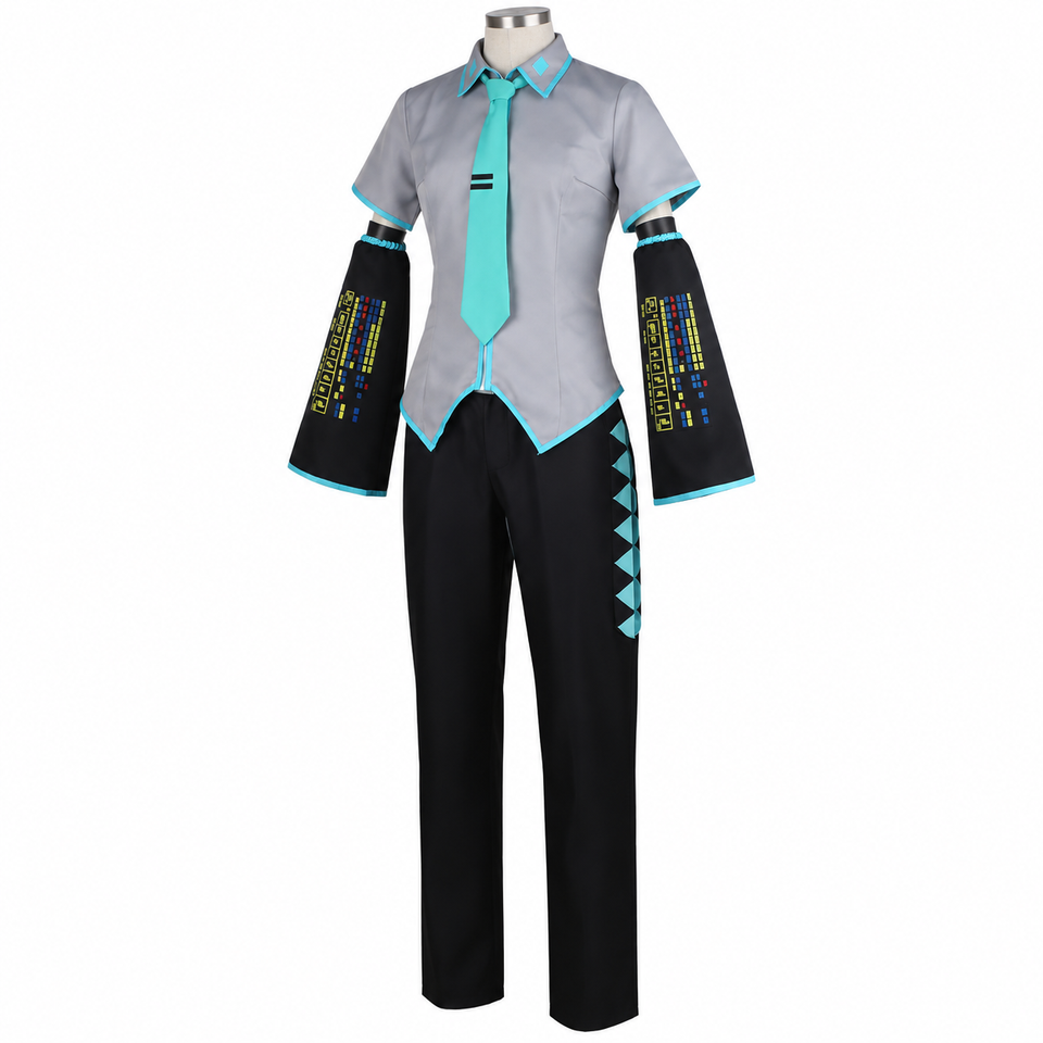 Hatsune Miku male-style gray and turquoise cosplay costume on mannequin