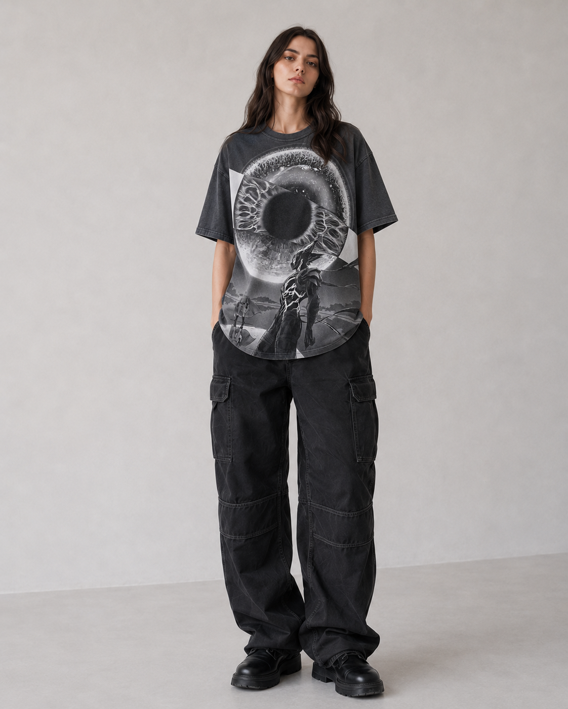 Female model wearing One Punch Man Saitama and Cosmic Garou graphic T-shirt