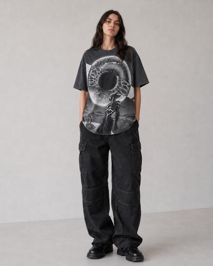 Female model wearing One Punch Man Saitama and Cosmic Garou graphic T-shirt