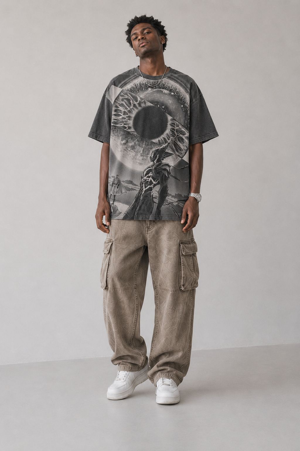 Male model wearing One Punch Man Saitama and Cosmic Garou graphic T-shirt