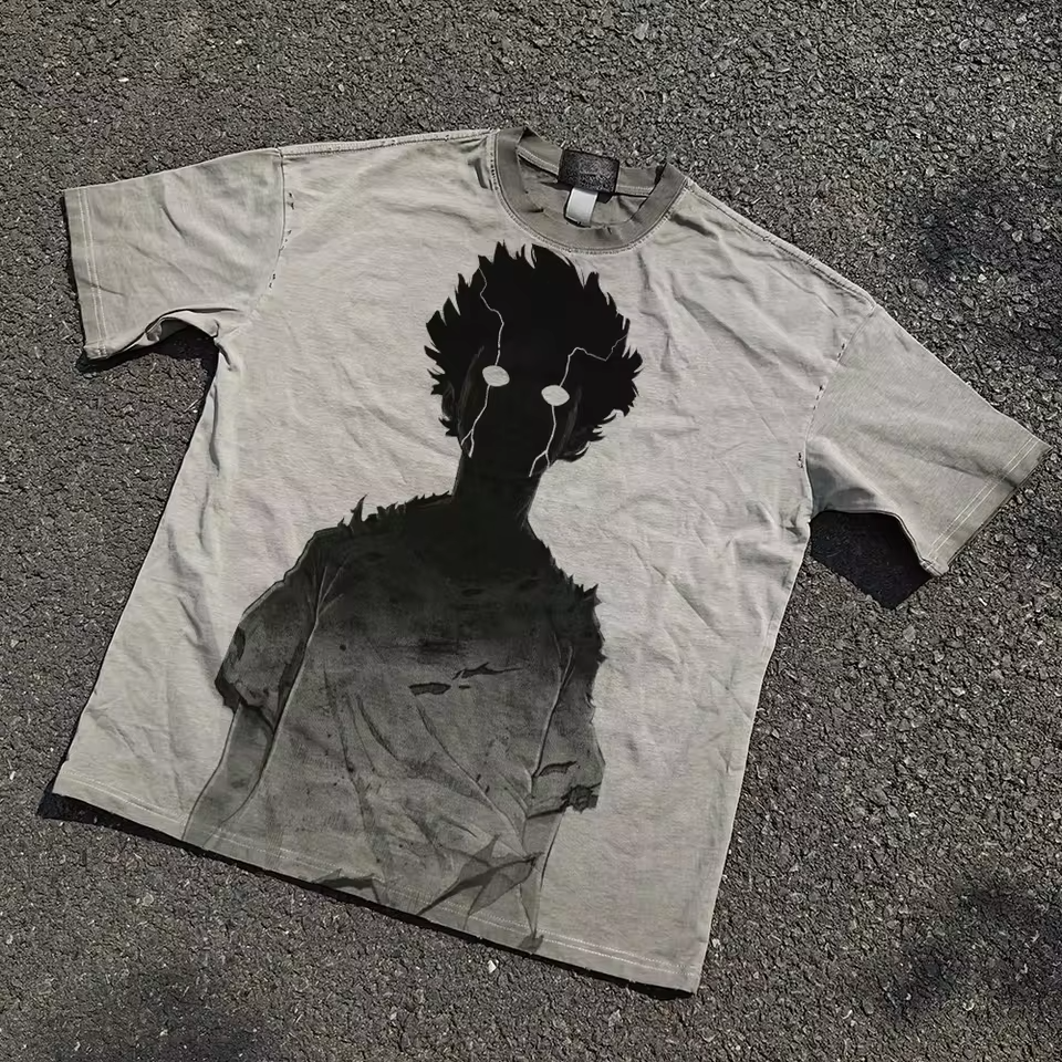 Mob Psycho 100 Shigeo Kageyama shadow silhouette graphic on a vintage grey oversized T-shirt