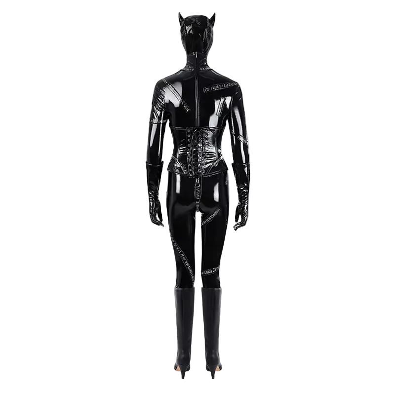 A glossy black latex catsuit with cat ears and a cat-face mask, shown from the back on a white background. The suit features chain-like detailing down the back and sides, and the model is wearing tall black high-heeled boots.