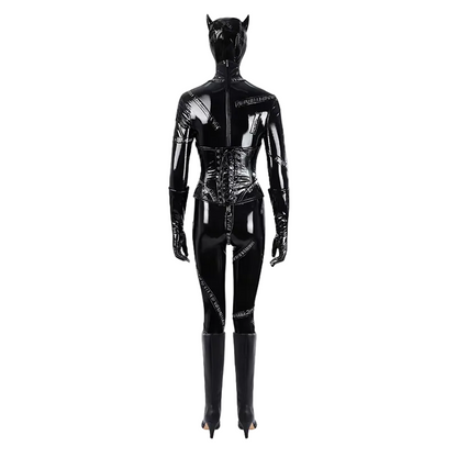 A glossy black latex catsuit with cat ears and a cat-face mask, shown from the back on a white background. The suit features chain-like detailing down the back and sides, and the model is wearing tall black high-heeled boots.