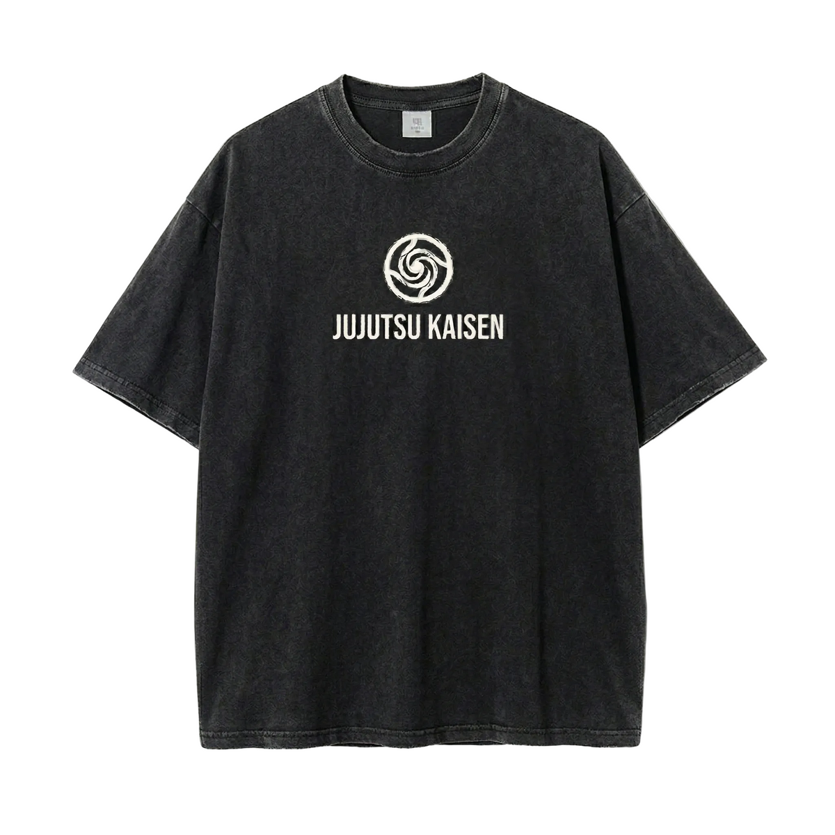Front view of oversized 240 GSM vintage black acid wash streetwear t-shirt featuring a minimalist white Jujutsu Kaisen swirl logo on the center chest.