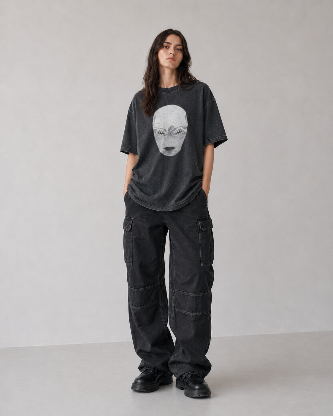 Female model wearing Jujutsu Kaisen Mask & Manga Scene Vintage T-Shirt