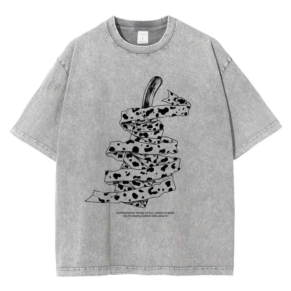 Front view of oversized 240 GSM vintage grey acid wash streetwear tee featuring a detailed graphic of Kento Nanami's wrapped blunt sword and his iconic quote from Jujutsu Kaisen